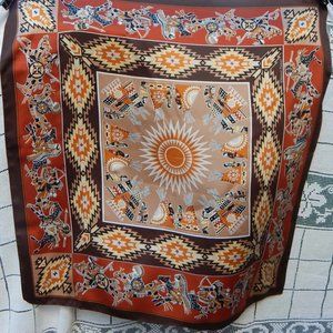 hand painted Inuit First Nations silk scarf, Brown and orange design, 24"x24"